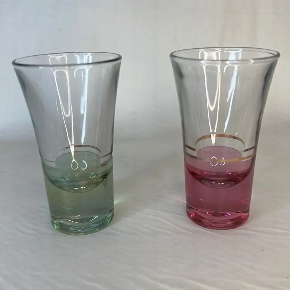 Shot Glasses Set Two Gold Gilt 1 Cranberry Red  1 Green 3 1/2 In Tall 2 In Round